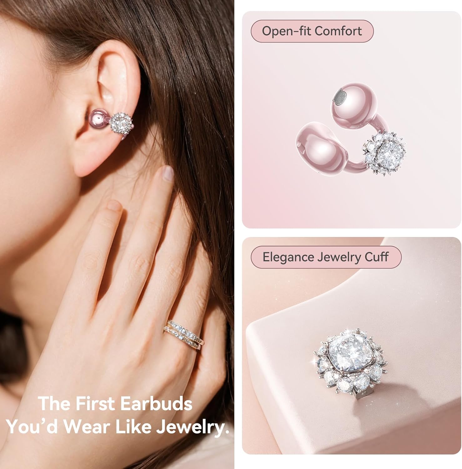 Kinglucky Jewelry-Inspired Clip-On Earbuds with Diamond Earrings, Comfortable Fit & 40H Playtime Open Ear Bluetooth 5.4 Wireless Headphones for Women, Small Ears, Sports & Workouts (Rose Gold)