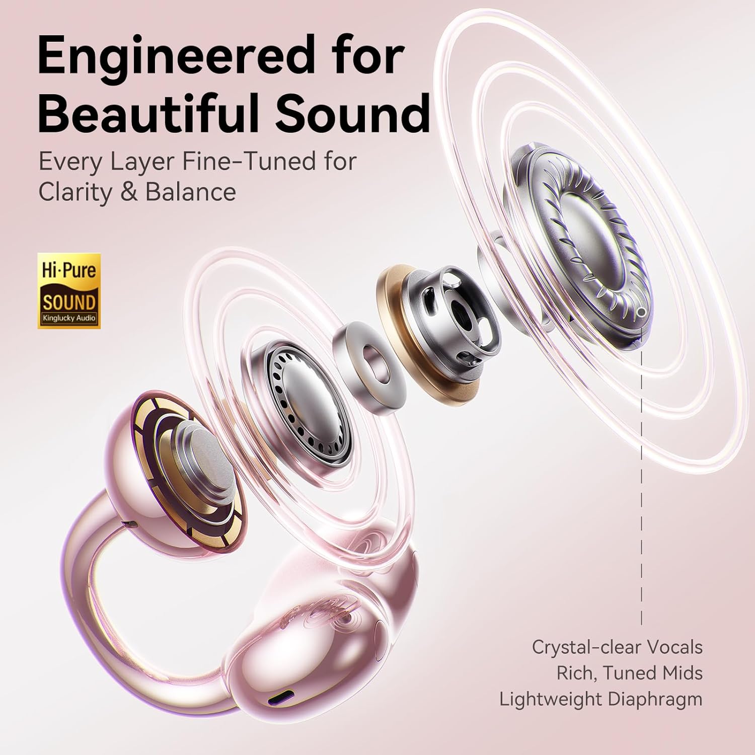 Kinglucky Jewelry-Inspired Clip-On Earbuds with Diamond Earrings, Comfortable Fit & 40H Playtime Open Ear Bluetooth 5.4 Wireless Headphones for Women, Small Ears, Sports & Workouts (Rose Gold)