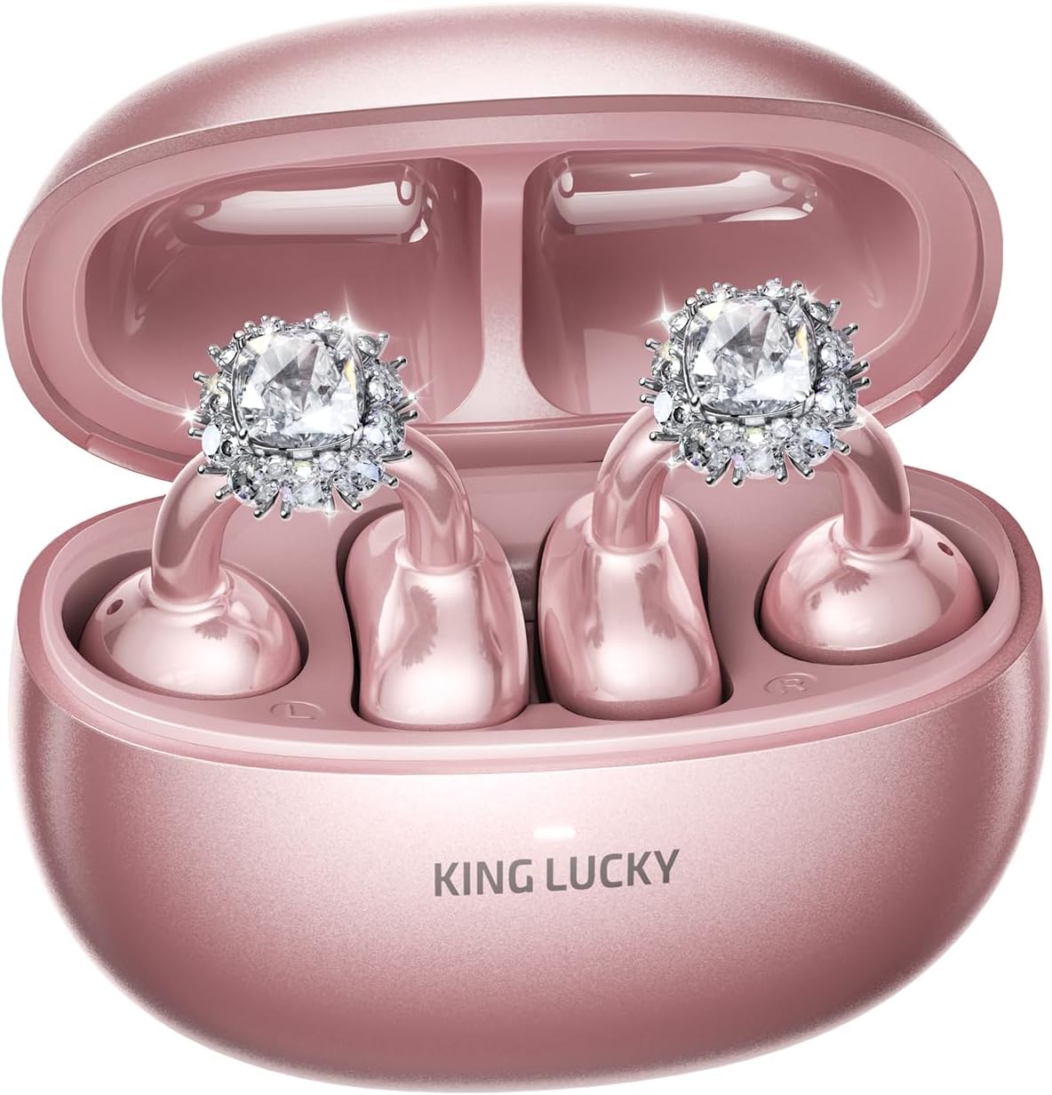 Kinglucky Jewelry-Inspired Clip-On Earbuds with Diamond Earrings, Comfortable Fit & 40H Playtime Open Ear Bluetooth 5.4 Wireless Headphones for Women, Small Ears, Sports & Workouts (Rose Gold)