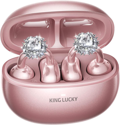 Kinglucky Jewelry-Inspired Clip-On Earbuds with Diamond Earrings, Comfortable Fit & 40H Playtime Open Ear Bluetooth 5.4 Wireless Headphones for Women, Small Ears, Sports & Workouts (Rose Gold)