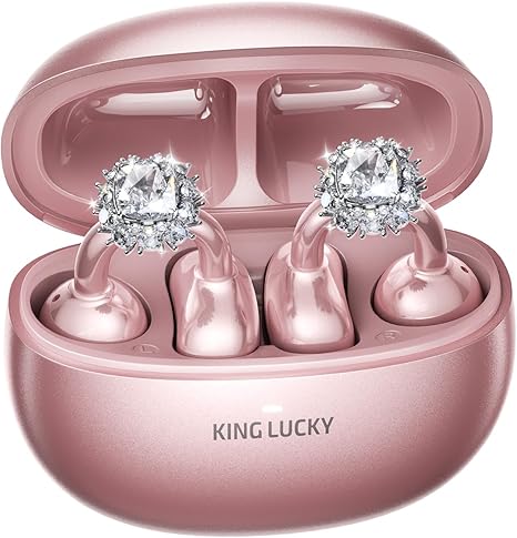 Kinglucky Jewelry-Inspired Clip-On Earbuds with Diamond Earrings, Comfortable Fit & 40H Playtime Open Ear Bluetooth 5.4 Wireless Headphones for Women, Small Ears, Sports & Workouts (Rose Gold)